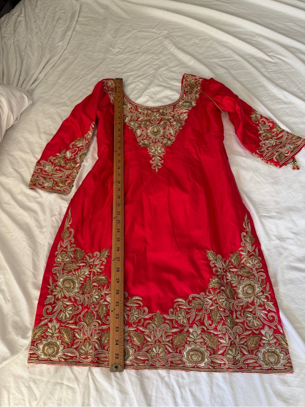 Red Embroidered Tunic Dress with Gold Threadwork